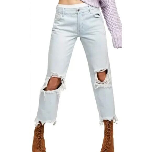 We the Free People Paradise Blue Distressed Raw Hem Button Fly Jeans 30 NEW Tags - Picture 1 of 11